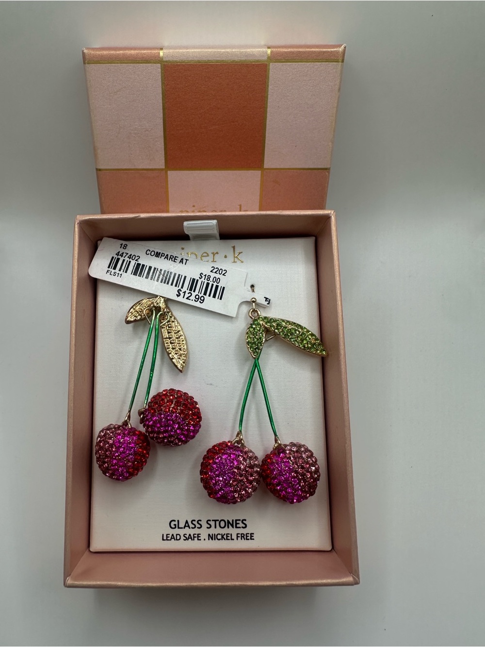 Pink and Green Crystal Cherry Drop Earrings